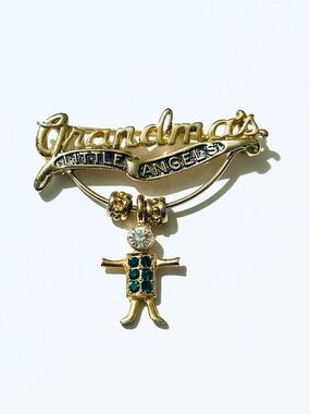 KIS Grandma's Little Angels Gold-Tone Brooch with Green Accents